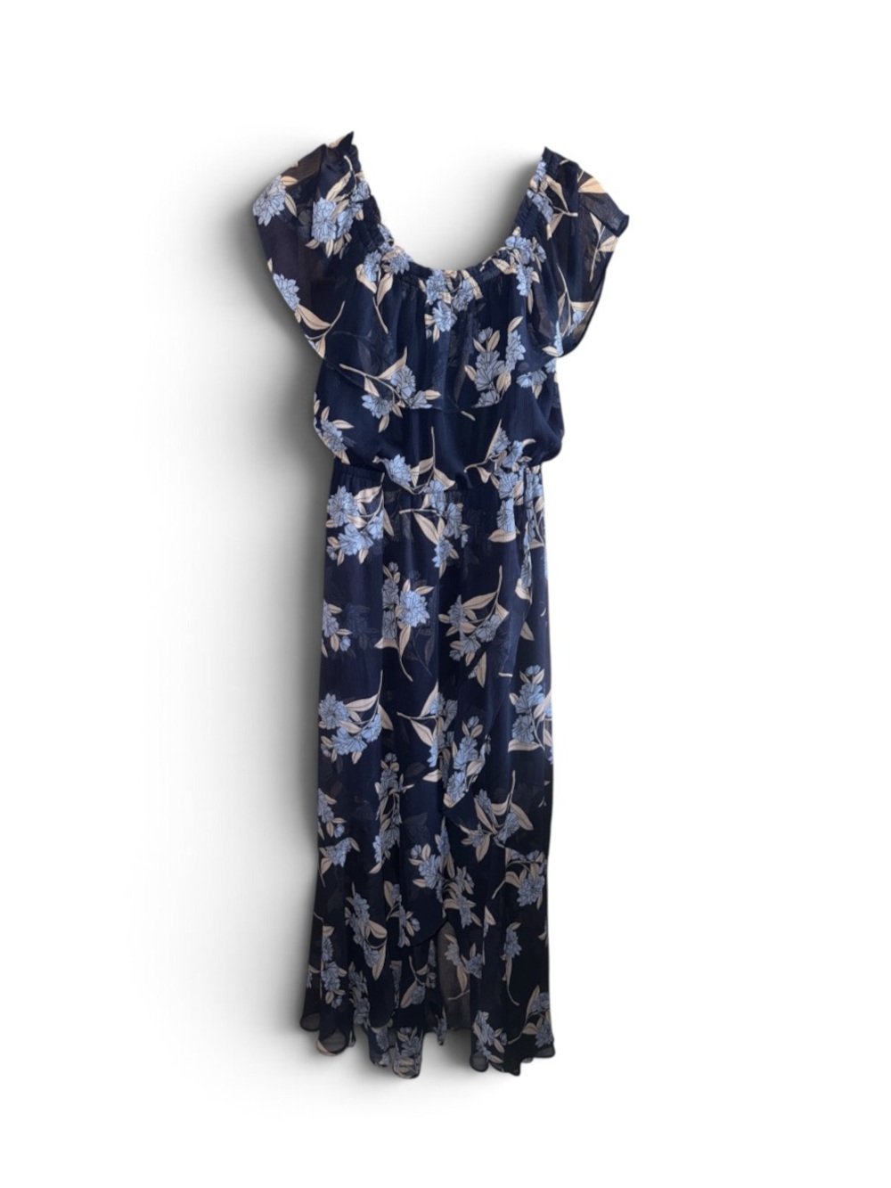 Express Navy Floral Off-Shoulder Sheer Sleeves Maxi Dress Women’s Size Medium